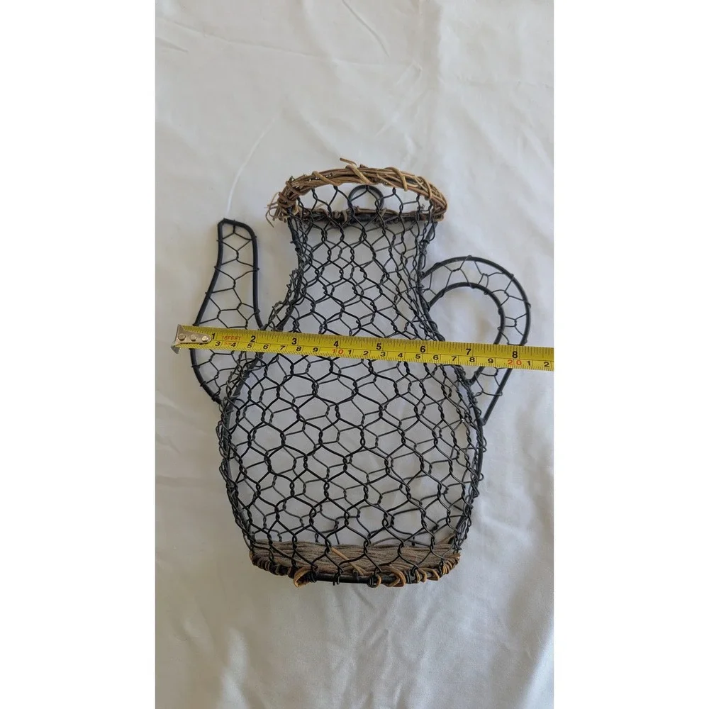 Vintage Farmhouse Black Chicken Wire Teapot Wall Hanging Basket Wicker Trim